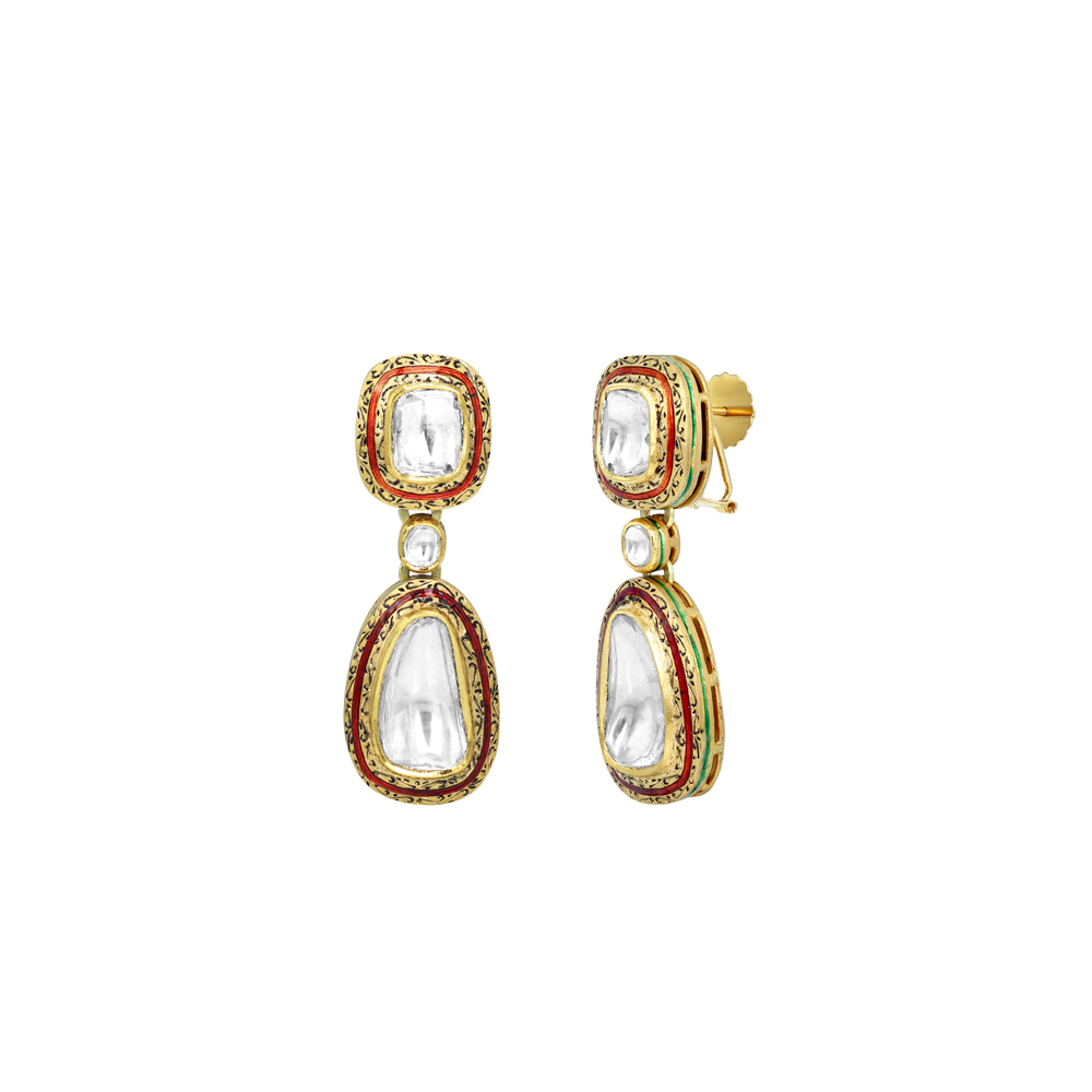 Uncut Diamond Polki Earrings with Red Enamel
